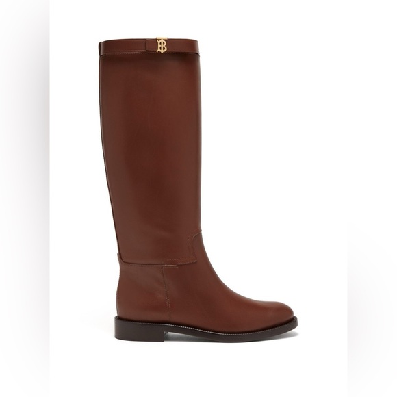 BURBERRY LEATHER BOOTS BROWN REDGRAVE TB MONOGRAM KNEE HIGH EU 38/ US 8 - Picture 1 of 16